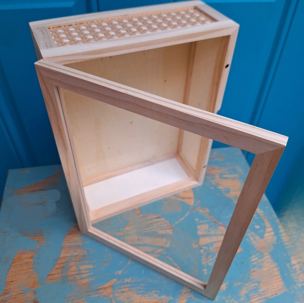 Wood and Glass Display Box or Wall Shelf Hinged Lid Wicker Trinkets Collectibles - Picture 14 of 15